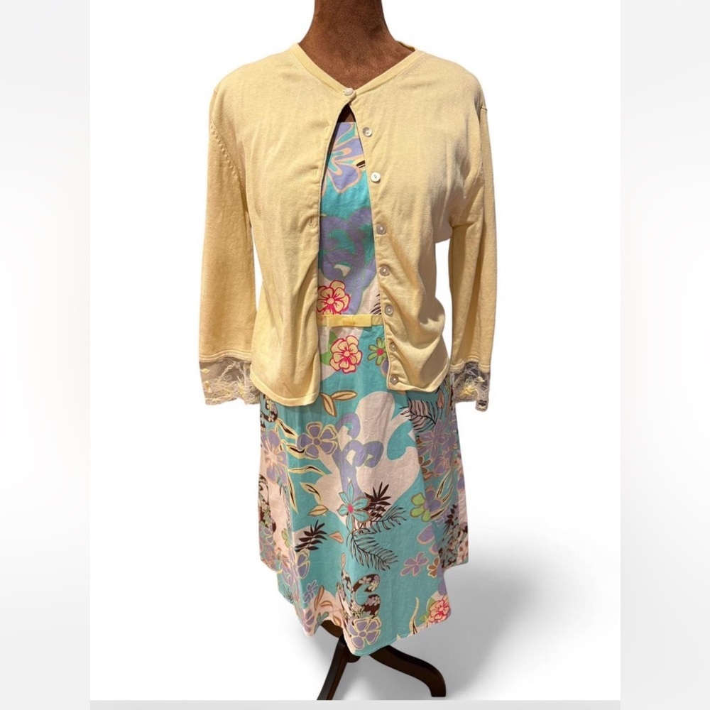 VTG Tropical  Midi Dress Blue Yellow Cardigan lace trim set! SZE 6P square neck